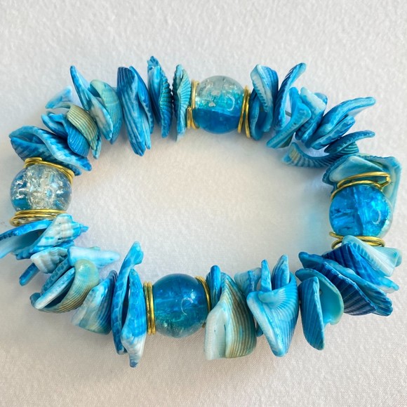 Stretch Bracelet Ocean Blues Faux Sea Shell Beads - Picture 4 of 8